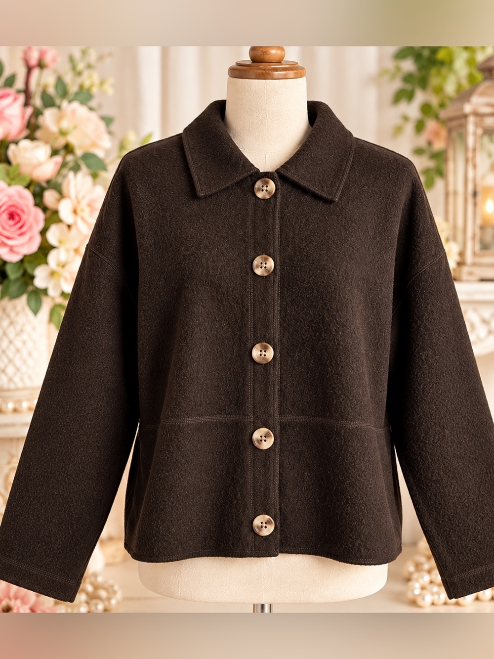 Vintage Crystal-Kobe 100% Wool Brown Jacket Size L Marbled Buttons